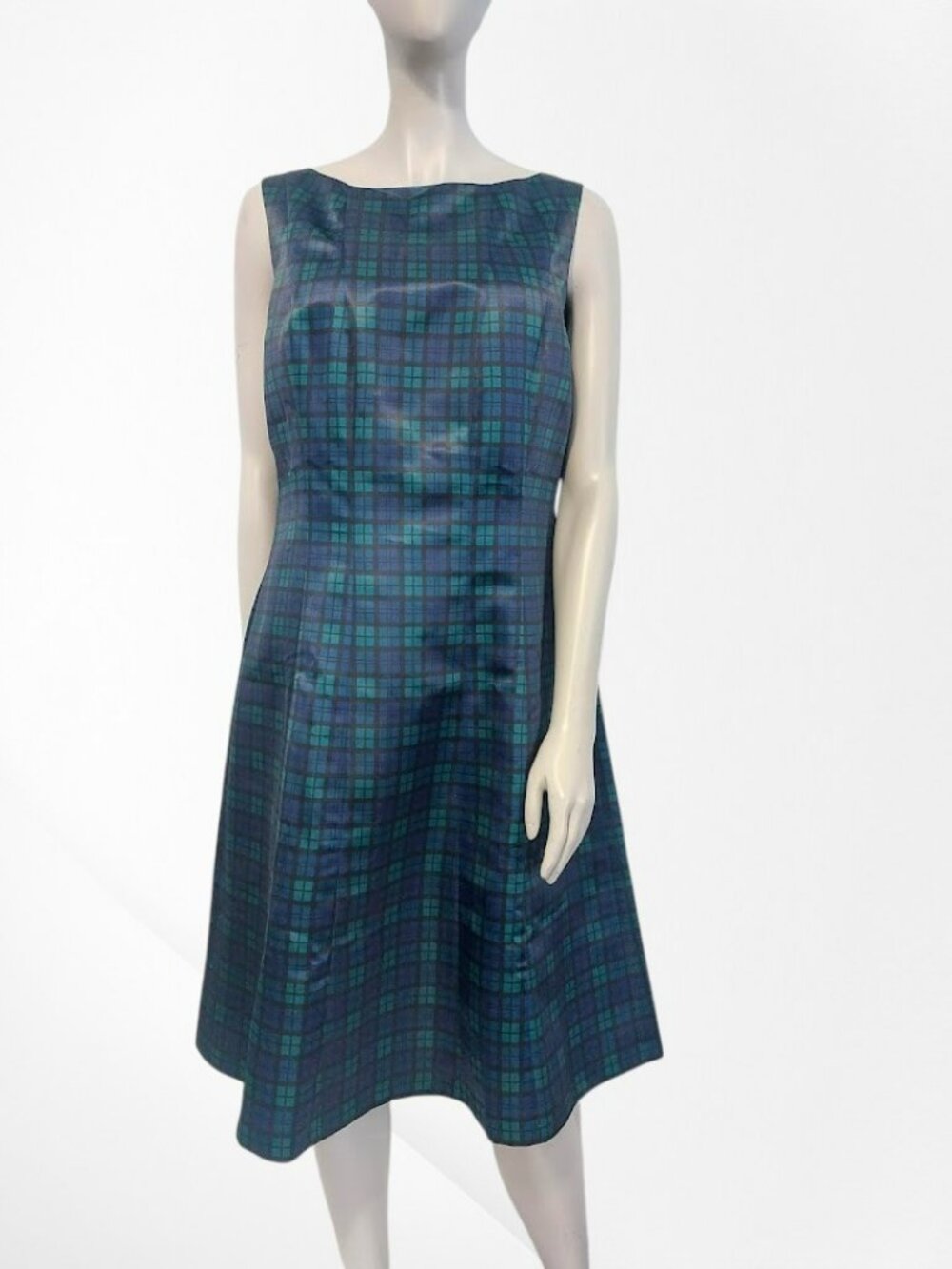 Brooks Brothers Midi Dress Size 12 Fit & Flare Blue Green Tartan Plaid NEW